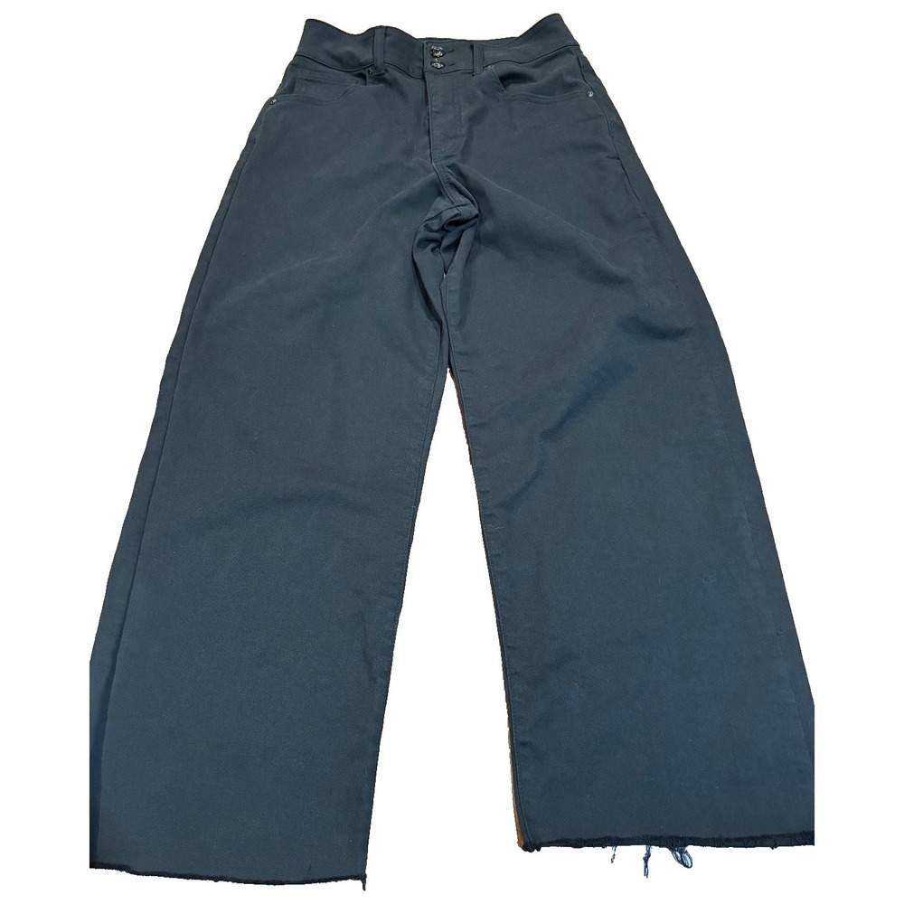 POTADY‎ high rise wide leg jeans women's sz 8 black distressed denim raw hem
